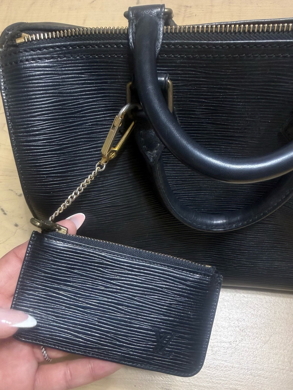 Louis Vuitton Black Epi Leather Handbag with Zip Card Pouch